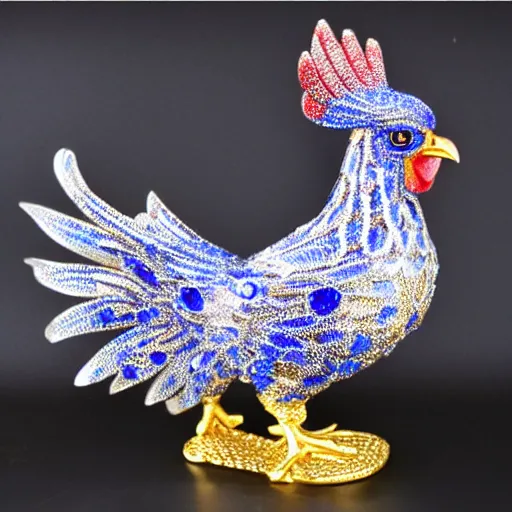 Prompt: beautiful, glorious crystallized gold sculpture chicken emperor, blue and silver colors, intricate details, realistic, reflective 3 d rtx hd