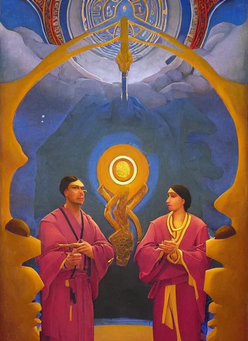 Image similar to transcendental adoration of the magi, occult rune symbolism epic surrealism 8k oil painting, portrait, perspective, high definition, cinematic, post modernist layering, by Nicholas Roerich, Annie Swynmerton, Diego Rivera, John William Godward