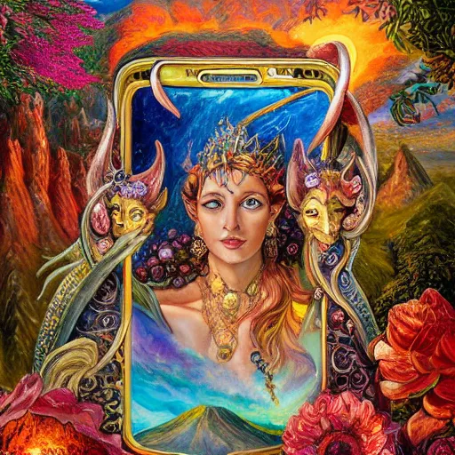 Prompt: a painting by josephine wall depicting aires as a goddess large ram horns, checking her cell phone, erupting volcano and sunrise in distance in background, flowers in foreground, acrylic on canvas, intricately detailed, highly detailed, high resolution, hd, 8 k, wallpaper, trending on artstation, zodiac, fantasy