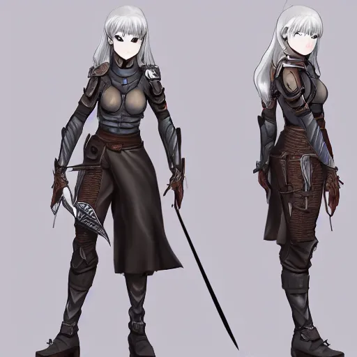 Prompt: a female adventurer in leather armor with a sword attached to her hip, anime style, character sheet, concept art, silver hair, detailed face, artstation, trending, masterpiece, high resolution
