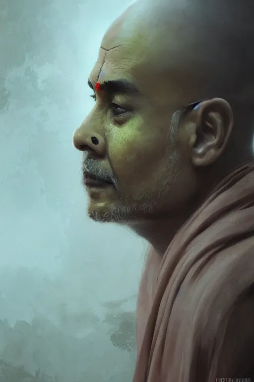 Image similar to hindu monk, close - up portrait, devoted, intricate, elegant, volumetric lighting, scenery, digital painting, highly detailed, artstation, sharp focus, illustration, concept art, ruan jia, steve mccurry