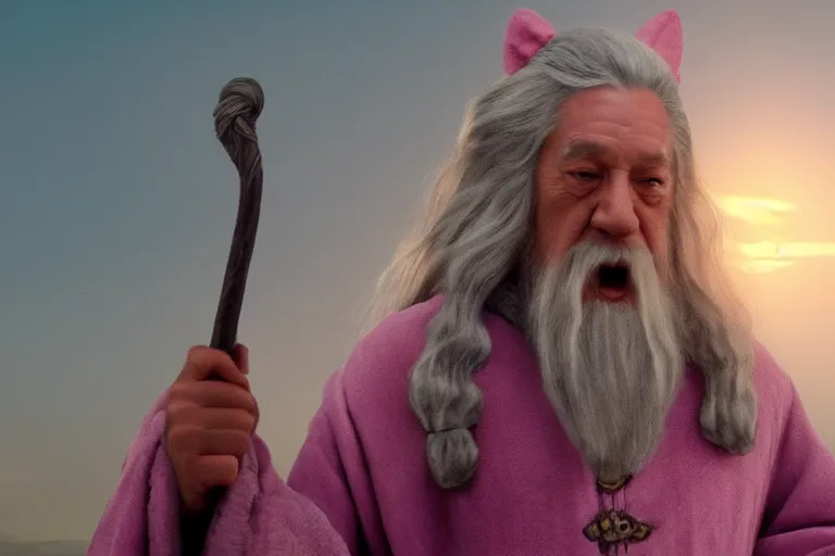 Prompt: portrait of Gandalf wearing pink Hello kitty costume, smiling warmly, sunrise, movie still from Lord of the Rings, cinematic