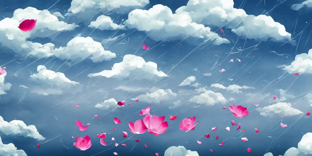 Image similar to background art of flying longswords flowing and floating through the slicing through directional wind on a simple cloudy sky background featuring an enormous tsunami, big puffy clouds, large individual rose petals, lotus petals, angular background elements, large polygonal fragments, anime, studio ghibli, artgerm, manga, trending on artstation, art nouveau, mature color scheme