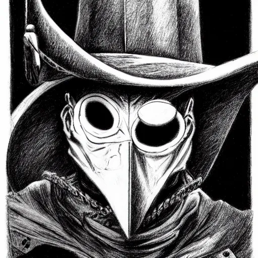 Image similar to a portrait of a plague doctor gunslinger, dark fantasy, horror, western, hell, ultrafine detailed pencil art on paper by frank frazetta and vito acconci and and takeshi obata, death note style, symetric body, cgsociety, sharp focus, detailed face