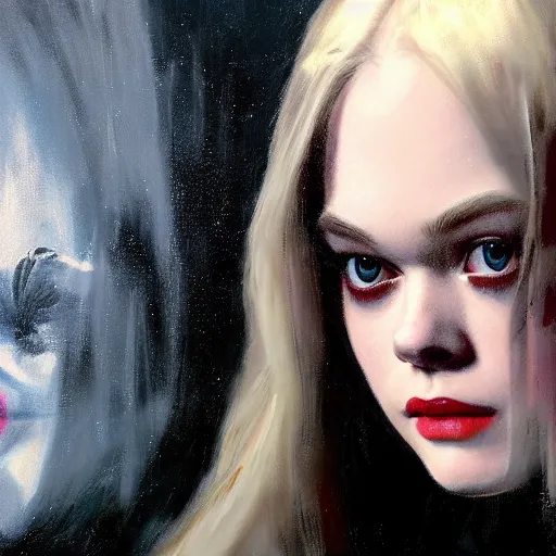 Prompt: ultra realistic portrait painting of elle fanning as a vampire wearing black cultist robes in the snow, art by frank frazetta, 4 k, ultra realistic, highly detailed, epic lighting