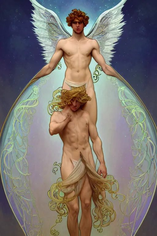 Prompt: full figure art nouveau portrait of a beautiful young fit male angel with curly blond hairs, dressed with fluent clothes, majestic wings, luminous halo, by alfons mucha, d & d character, gradient white to gold, in front of an iridescent background, highly detailed portrait, digital painting, artstation, concept art, smooth, sharp focus illustration, artstation hq