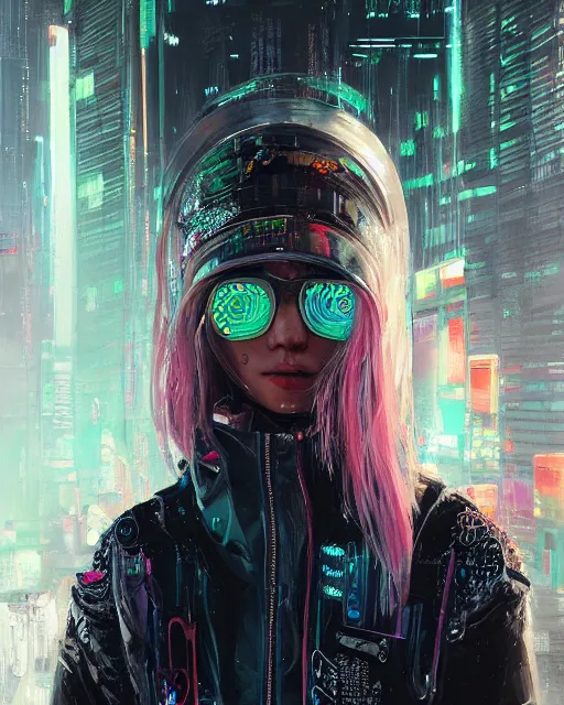 Image similar to detailed portrait neon guard girl with long straight blonde hair seen from the back, cyberpunk futuristic, reflective puffer jacket, black leggings, decorated with traditional ornaments in front of a dystopian crowd with piles of garbage by ismail inceoglu dragan bibin hans thoma, perfect face, fine details, realistic shaded, fine - face, pretty face by rossdraws