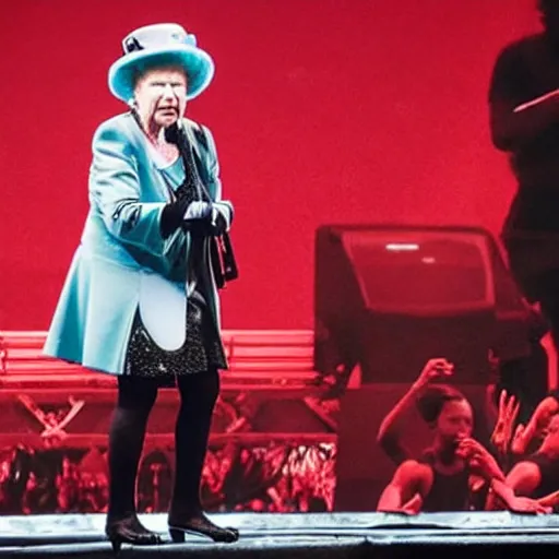 Prompt: queen beatrix performing on her yeezus tour