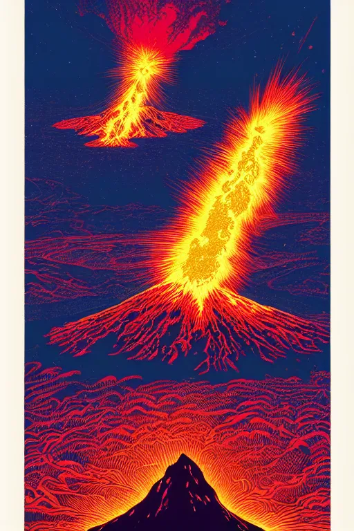 Image similar to artwork of an exploding volcano by dan mumford and toshi yoshida and peter doig, symmetrical, vintage scifi, highly detailed, dramatic lightning,, 8 k