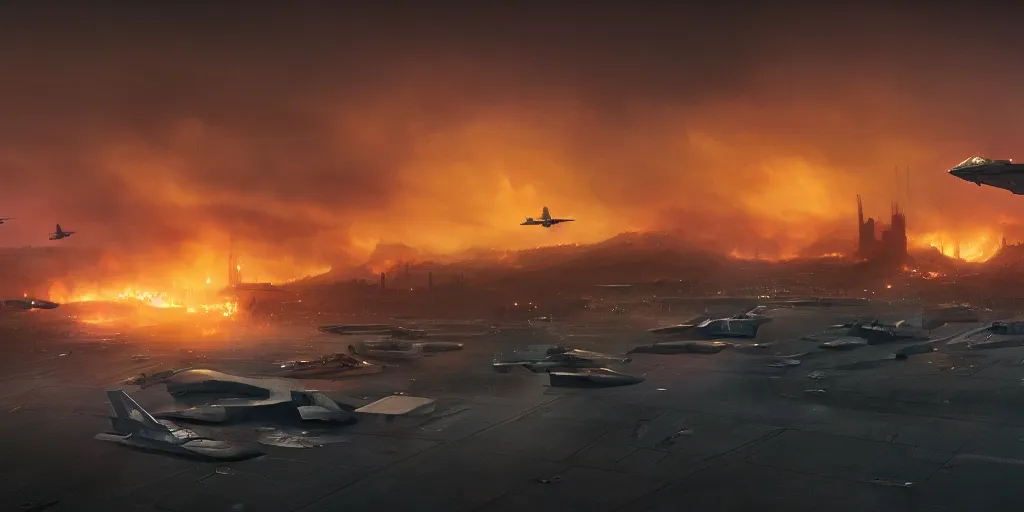 Prompt: cinematic, concept art, dystopian Disney Land burning behind a crowd of climate refuges while F-35 raptors fly the Google logo in a dark sky, depth of field, misty, hyper realistic, digital painting, 8k, 35mm film grain, octane render