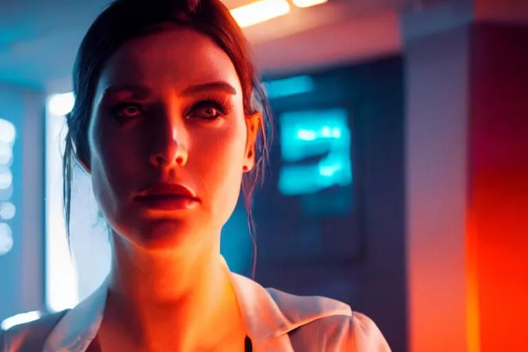 Image similar to cinematography closeup portrait of a gorgeous cyborg business woman in a cyberpunk apartment, neon lighting, night, by Emmanuel Lubezki