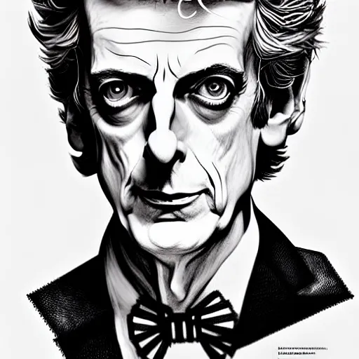 Image similar to Peter Capaldi with the intend to kill, artstation, concept art, sharp focus, illustration in pen an ink, extremely detailed, extremely complex, black and white, art by Masashi Tanaka