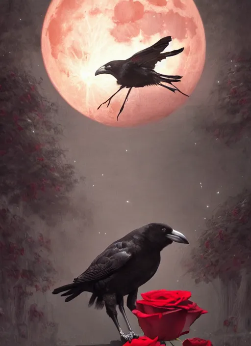 Image similar to portrait, A crow with red eyes in front of the full big moon, book cover, red roses, red white black colors, establishing shot, extremly high detail, foto realistic, cinematic lighting, by Yoshitaka Amano, Ruan Jia, Kentaro Miura, Artgerm, post processed, concept art, artstation, raphael lacoste, alex ross, portrait, A crow with red eyes in front of the full big moon, book cover, red roses, red white black colors, establishing shot, extremly high detail, foto realistic, cinematic lighting, by Yoshitaka Amano, Ruan Jia, Kentaro Miura, Artgerm, post processed, concept art, artstation, raphael lacoste, alex ross