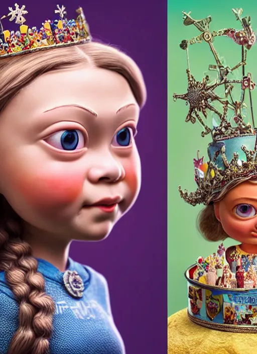 Prompt: highly detailed closeup, face profile portrait of greta thunberg as a tin toy fairytale princess wearing a crown eating cakes, bikini, unreal engine, nicoletta ceccoli, mark ryden, earl norem, lostfish, global illumination, detailed and intricate environment