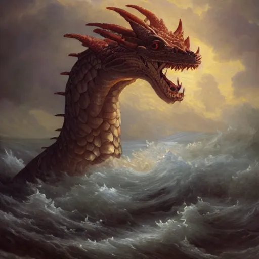 Image similar to A fantasy book style portrait painting of a dragon in a stormy sea, François Boucher, Oil Painting, unreal 5, DAZ, hyperrealistic, octane render, Regal, Refined, Detailed Digital Art, RPG portrait, William-Adolphe Bouguereau, Michael Cheval, Walt Disney (1937), Volumetric Golden dappled dynamic lighting, Highly Detailed, Cinematic Lighting, Unreal Engine, 8k, HD