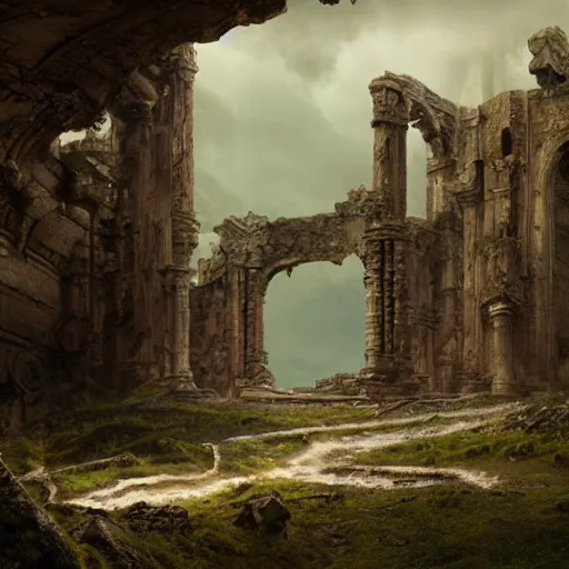 Image similar to intricate matte painting, dramatic landscape, ruins