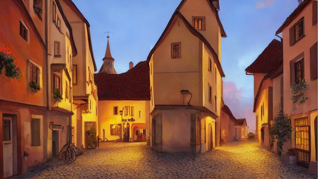 Prompt: High-Quality realist painting of a narrow street in a traditional Bavarian village at dawn, peaceful, very detailed, digital art.