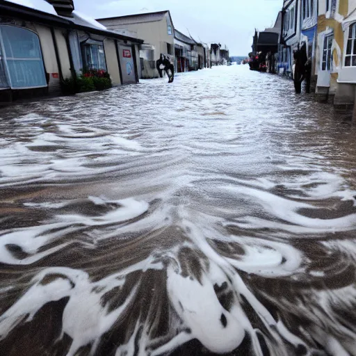 Image similar to picture of milk, milk flood, picture of milky waves of milk flooding through the town