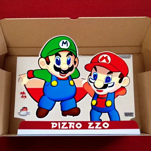 Prompt: pizzeria pizza box featuring super mario and luigi
