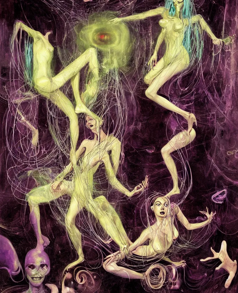 Image similar to Realistic detailed image of one woman sirene bouncing in a living room of a house, floating dark energy surrounds the middle of the room. There is one living room plant to the side of the room, surrounded by a background of dark cyber mystic alchemical transmutation heavenless realm, cover artwork by francis bacon and Jenny seville, midnight hour, part by adrian ghenie, part by jeffrey smith, part by josan gonzales, part by norman rockwell, part by phil hale, part by kim dorland, artstation, highly detailed