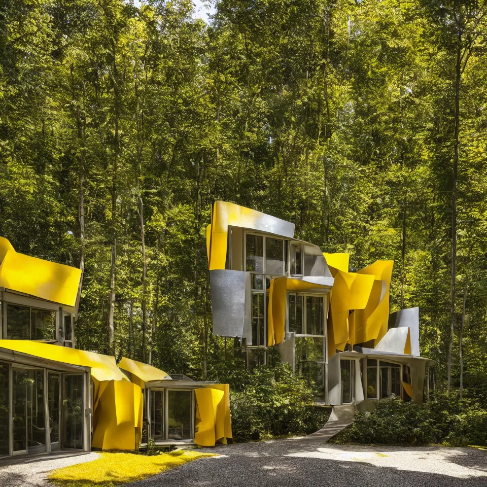 Image similar to a house in a light forest clearing, designed by Frank Gehry. Tiles. Gravel pathway with parking. Barbecue in front. Film grain, cinematic, yellow hue