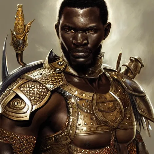 Image similar to a muscular african warrior with cyberkenetic armor standing in a heroic pose holding a shield, ultra realistic, concept art, intricate details, eerie, horror, highly detailed, photorealistic, octane render, 8 k, unreal engine. art by artgerm and greg rutkowski and alphonse mucha