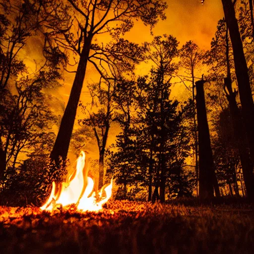 Image similar to a photo of a nighttime scene with a fire illuminating the trees