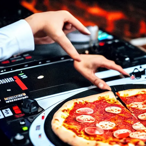 Prompt: pizza on the dj decks