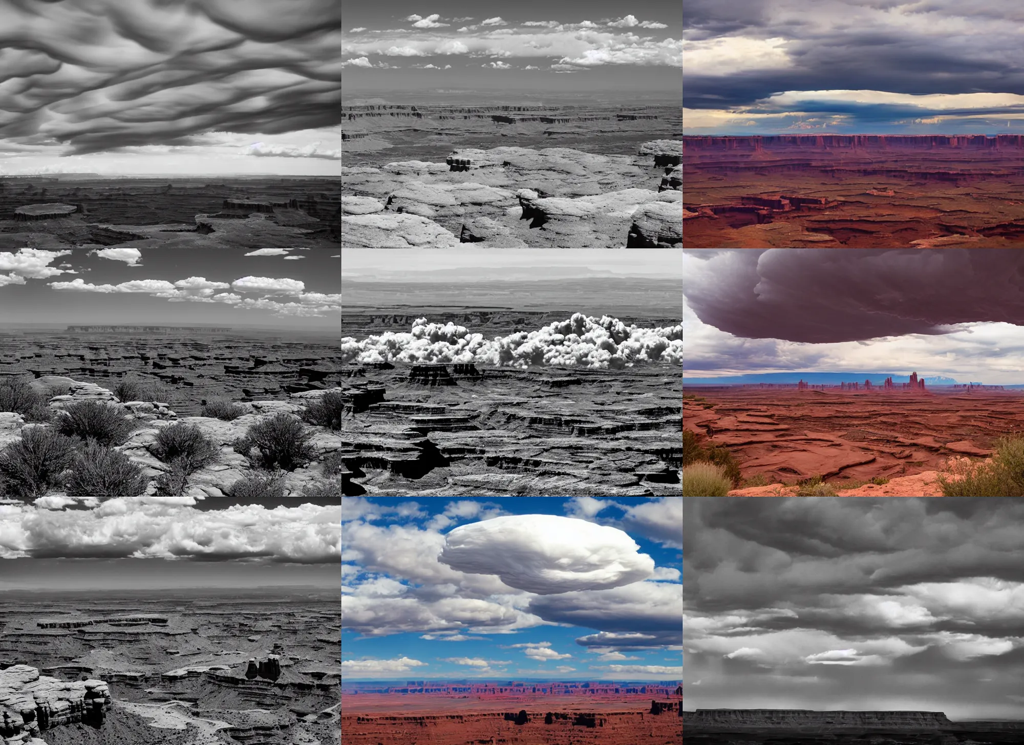 Prompt: a formation of fuzzy clouds shaped like ufos. in the distance. over canyonlands