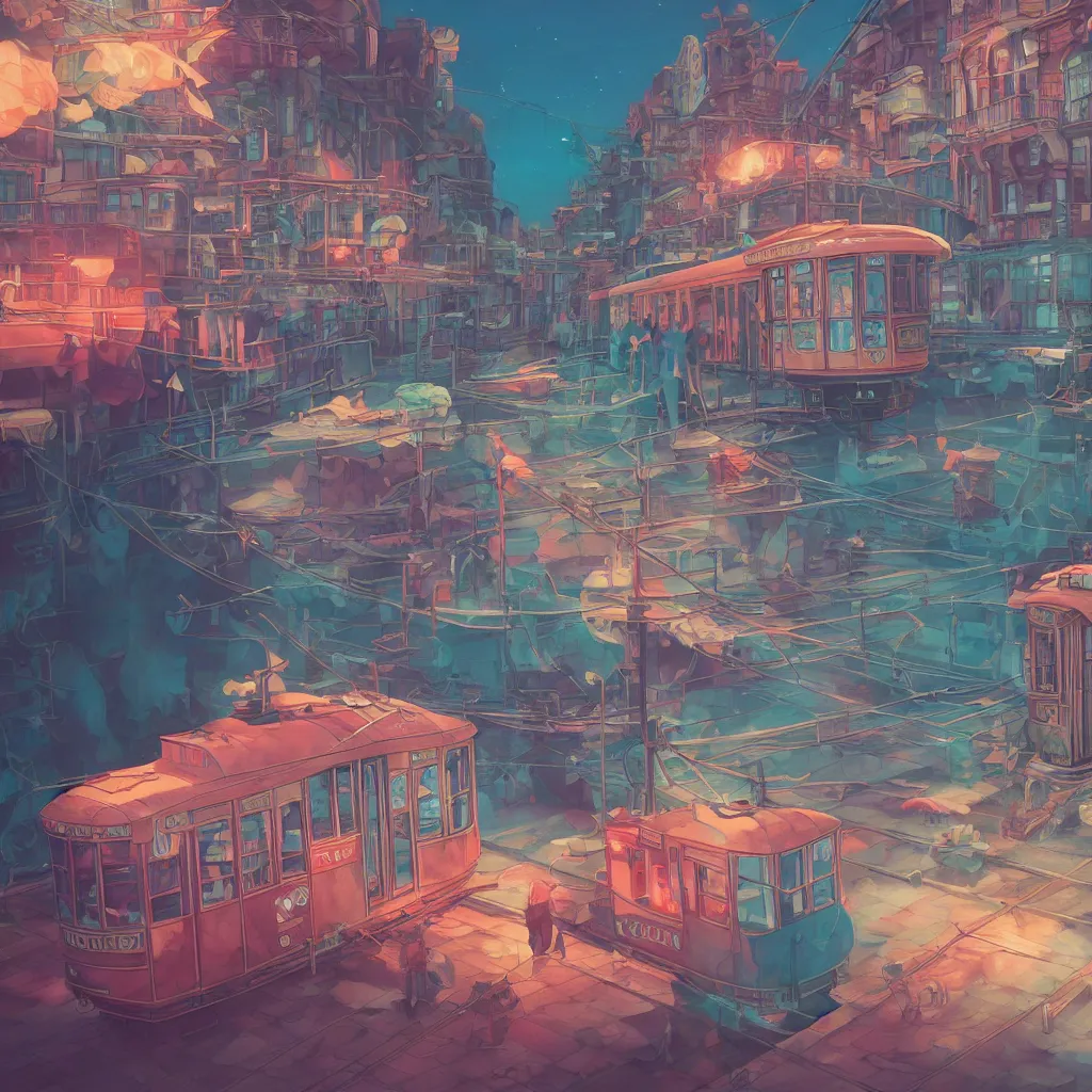 Image similar to a streetcar is running on the chromatic sea composed of coral and shells, unreal engine, fantasy art by greg, loishand lois van baarle, global illumination, radiant light, detailed and intricate environment ， trending onstudio ghibli ， highly detailed, octane render, 8 k