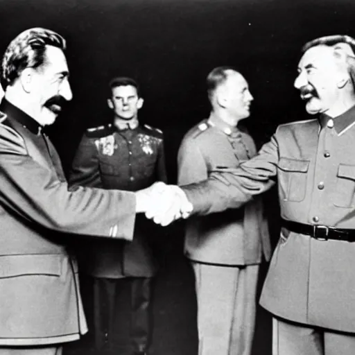 Image similar to photo of stalin and trump shaking hands, award winning photo, 3 5 mm camera