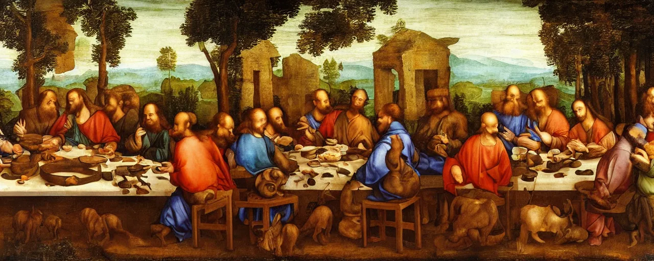 Image similar to A painting of animals sitting at the table in the forest. Style of The last supper by Leonardo Da Vinci