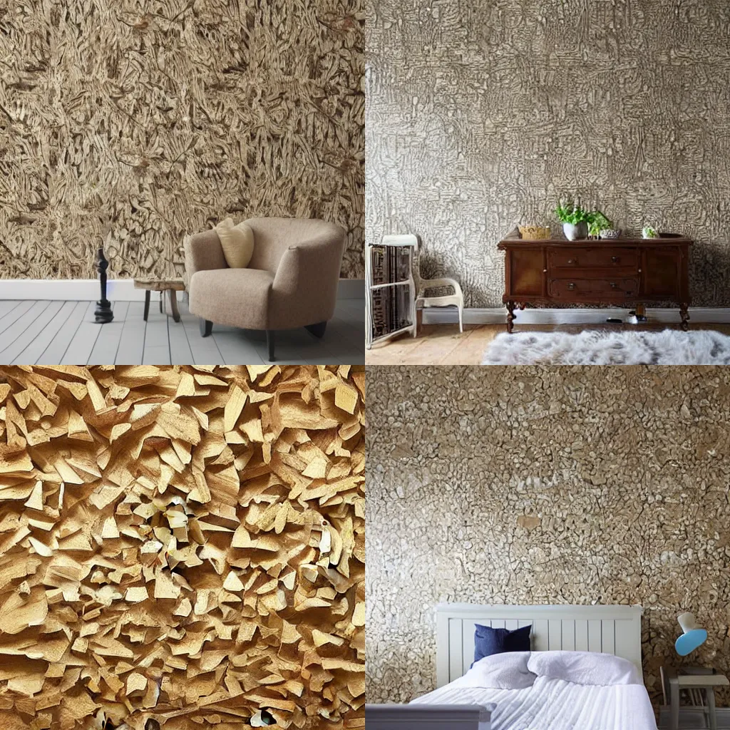 Prompt: furniture made of woodchip wallpaper, floor made of woodchip wallpaper, wall made of woodchip wallpaper