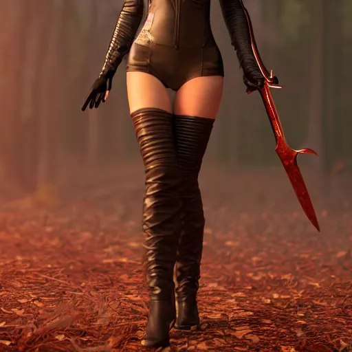 Image similar to 3 d render of a female wearing a skintight leather jacket holding a sword in a forest, large thighs, perfect face, beautiful! coherent!, intricate, elegant, highly detailed, cycles render, octane render, unreal engine, artstation, 8 k