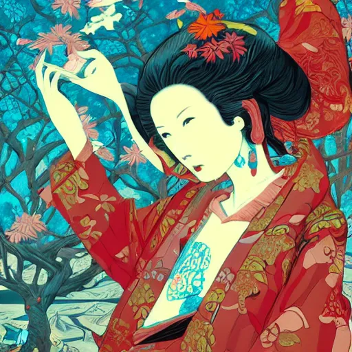 Image similar to james jean style, utagawa kunisada style, vfx art, unreal engine render, claymation style, colourful, volumetric light, digital painting, digital illustration, dramatic light,