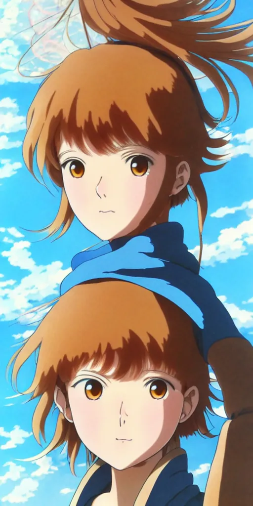 Image similar to anime art full body portrait character nausicaa concept art, anime key visual of elegant young female, brown hair and large eyes, finely detailed perfect face delicate features directed gaze, sunset in a valley, trending on pixiv fanbox, studio ghibli, extremely high quality artwork by hayao miyazaki by kushart krenz cute sparkling eyes