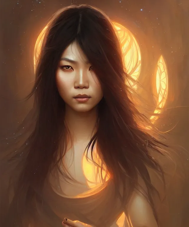 Image similar to Asian woman portrait, sci-fi, amber eyes, face, long hair, fantasy, intricate, elegant, highly detailed, digital painting, artstation, concept art, smooth, sharp focus, illustration, art by artgerm and greg rutkowski and alphonse mucha