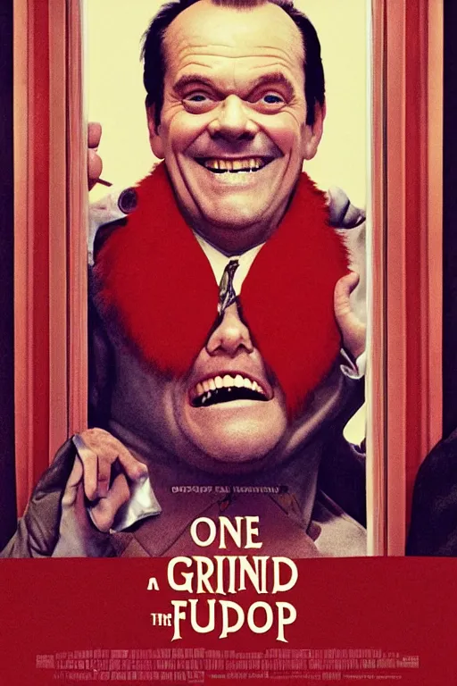 Image similar to a movie poster for the film the shining in the style of the grand budapest hotel featuring one grinning jack nicholson and blood gushing from an elevator.