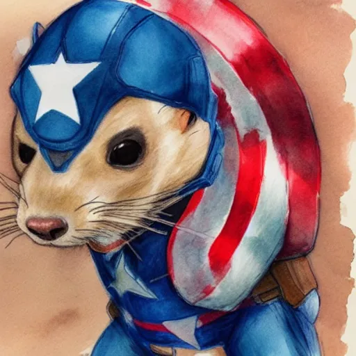 Image similar to A ferret as Captain America, Watercolour and pen