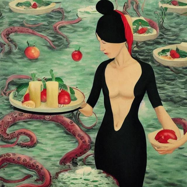 Image similar to tall female catgirl artist holding vegetables in her flooded kitchen, pomegranates, octopus, water gushing from ceiling, painting of flood waters inside an artist's apartment, a river flooding indoors, candles, ikebana, zen, rapids, waterfall, black swans, canoe, berries, acrylic on canvas, surrealist, by magritte and monet