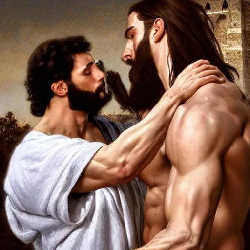 Image similar to jesus kissing a sensual muscular man in jerusalem, elegant, highly detailed, digital painting, artstation, concept art, matte, sharp focus, highly detailed, 4 k, hdr, smooth, sharp focus, high resolution, award - winning photo, photorealistic, art by artgerm and greg rutkowski and alphonse mucha, large shot