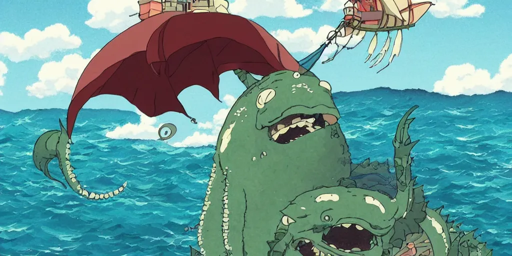 Prompt: Studio Ghibli image of a cute sea monster on a boat wholesome animation sharp Bloom dramatic lightning very sunny