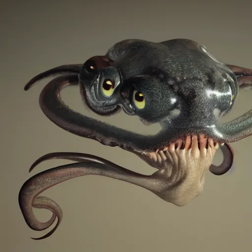 Image similar to hyperrealistic dslr film still of amorphous squid with manlike teeth and eyebrows, stunning 8 k octane comprehensive 3 d render, inspired by istvan sandorfi & greg rutkowski & unreal engine, perfect symmetry, dim volumetric cinematic lighting, extremely hyper - detailed, extremely lifelike attributes & lifelike texture, intricate, masterpiece, artstation, stunning