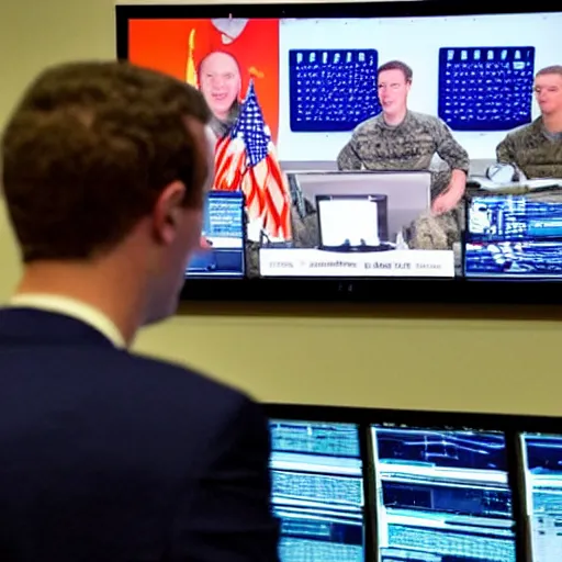 Image similar to laughing mark Zuckerberg at a busy military situation room with giant monitors. Cross hairs and military vision are on the screens.