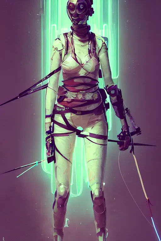 Prompt: female archer, cyberpunk futuristic neon. fencing, long sword in her hand, decorated with traditional japanese ornaments by ismail inceoglu dragan bibin hans thoma greg rutkowski alexandros pyromallis nekro rene maritte illustrated, perfect face, fine details, realistic shaded, fine - face, pretty face, masterpiece