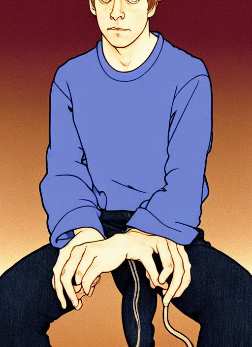 Image similar to art nouveau portrait of geoff rickly with short light brown straw blond hair, light blue eyes, sad expression, scared, head down, shy and demure, jeans and black t - shirt, holding a microphone, natural lighting, path traced, highly detailed, high quality, cartoon, digital painting, by don bluth and ross tran and studio ghibli and alphonse mucha