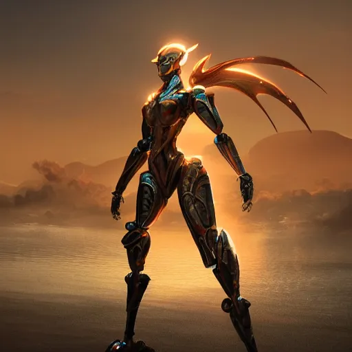 Image similar to a highly detailed full shot of beautiful anthropomorphic robot female dragon with smooth and streamlined armor, standing and posing elegantly, well detailed head, with sharp claws on her hands and feet, two arms, two legs, long tail, on the beach, artstation, DeviantArt, professional, octane render, sunset lighting