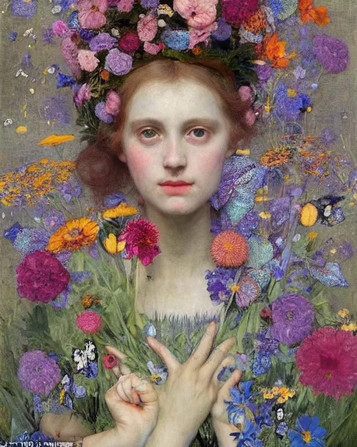 Prompt: a beautiful girl covered with butterflies wearing a colourful patterned dress and a flower crown surrounded by wild flowers, painted by edgar maxence, edward hopper, wayne barlowe, james gilleard and james jean