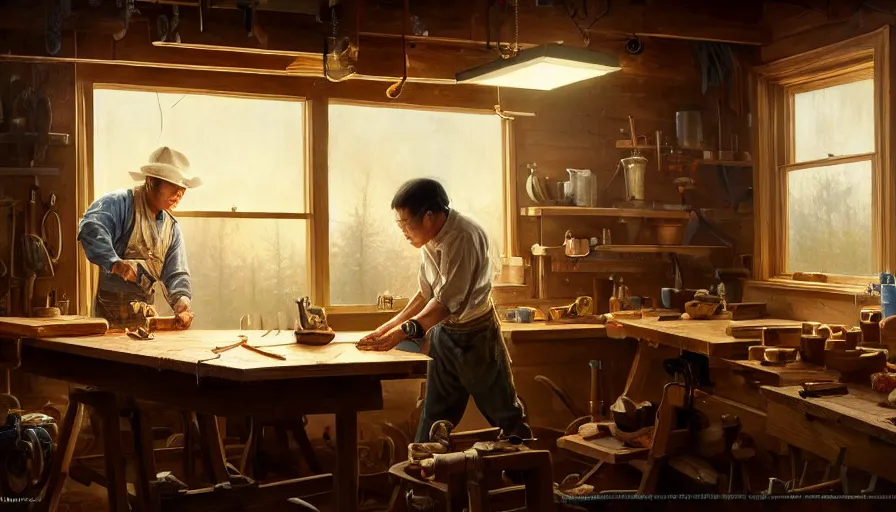 Prompt: highly detailed oil painting | very intricate | cinematic lighting | award - winning | simple carpenter fine craftsman | building a wooden table in their well organized clean workshop | beautiful cinematic light, american romanticism, by huang guangjian, gil elvgren, ruan jia, randy vargas, greg rutkowski, artstation, cgsociety, official art, octane