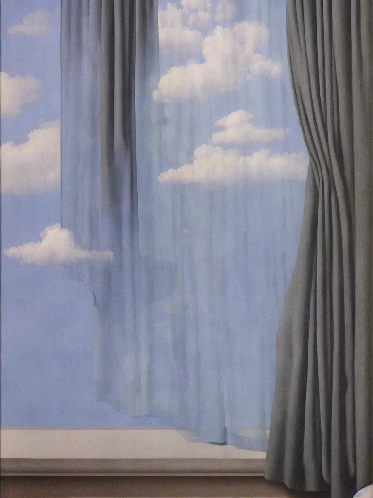 Image similar to curtains are clouds by rene magritte, detailed painting, hd, hq, high resolution, high detail, 4 k, 8 k